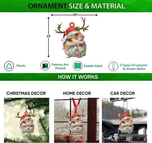 Vista 2 de Talataca Hámster con sombrero de Navidad, reno con cadena de luces 2D plano para espejo retrovisor para automóvil, accesorios para el árbol