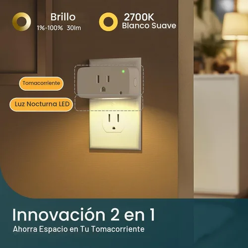 Vista 4 de Linkind Matter - Enchufe inteligente con luz nocturna LED, funciona con Alexa, Apple Home, Google, toma inteligente de 15 A/1800 W, del atardecer al