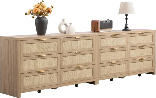 Vista 14 de SICOTAS Cómoda de ratán para dormitorio, cómoda de 57 pulgadas de ancho con 6 cajones con amplio almacenamiento, cómoda de madera, cómoda grande