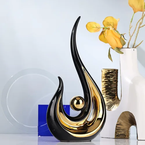 Vista 5 de XMGZQ 2 piezas Estatua de Arte Abstracto Moderno en Negro y Oro para Decoración de Mesa, Elegante Estatua de Cerámica para Acento de Decoración