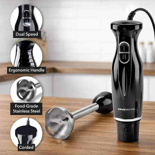 Vista 2 de OVENTE - Batidora de mano de inmersión, eléctrica portátil de 300W con 2 velocidades de mezcla y cuchillas de acero inoxidable para licuados, Negro