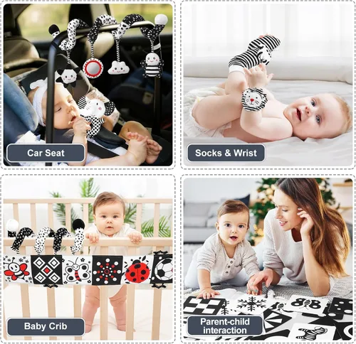 Vista 8 de Juguetes para recién nacidos, juguetes para bebés de alto contraste en blanco y negro, de 0 a 6 meses, con tarjetas sensoriales y sonajero, esencial