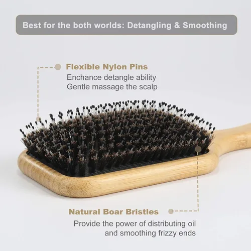 Vista 2 de BESTOOL Cepillo de pelo de jabalí y cerdas de nailon para todos (mujeres, hombres, niños) para cabello húmedo y seco, masaje desenredante, mejora