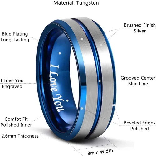 Vista 5 de LaurieCinya Anillo de carburo de tungsteno para hombre, mujer, anillo de compromiso, 8mm, ajuste cómodo, grabado "I Love You