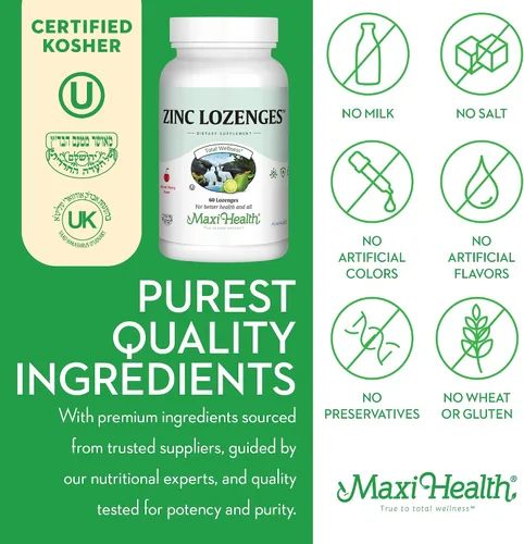 Vista 4 de Maxi-Health Pastillas de zinc – Citrato de zinc 10 mg – con vitamina C – Sabor a cereza – 60 masticables – Kosher