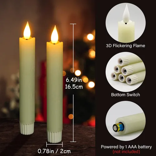 Vista 4 de Velas LED cónicas sin llama, 6 velas parpadeantes color marfil de 6.5 pulgadas con temporizador remoto, luz blanca cálida de cera real