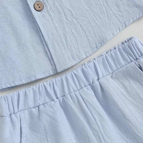 Vista 6 de AEEMCEM Conjunto de 2 piezas de camisa y pantalones cortos de algodón de lino de algodón de color liso para niños pequeños
