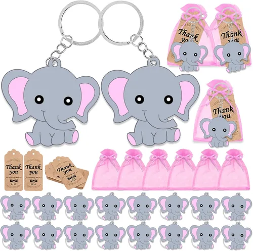 Vista 7 de CiciBear Paquete de 72 recuerdos de fiesta de elefante con llaveros de elefante azul bebé, etiquetas de agradecimiento y bolsas de regalo