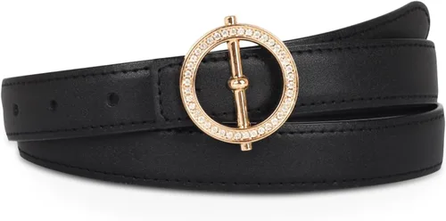 Vista 222 de Cinturón de cuero clásico con hebilla de metal para mujer con vestido de jeans