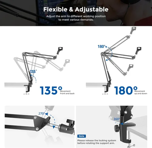 Vista 5 de Neewer: Micrófono ajustable de Suspension Boom Scissor Arm Stand, soporte de micrófono compacto de acero durable para estaciones de radio estudio