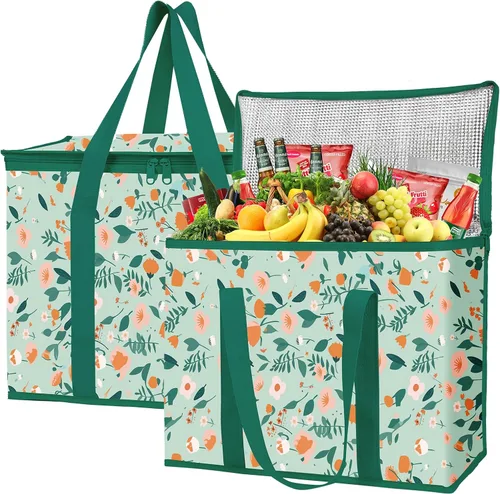 Vista 23 de Paquete de 2 bolsas aisladas reutilizables para comestibles, bolsas enfriadoras plegables para comestibles, bolsa aislante grande de alta Adorable