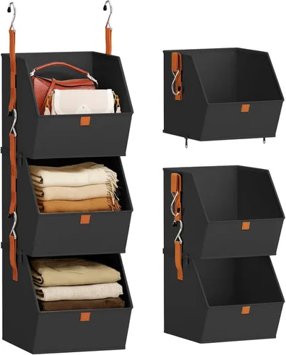Vista 21 de Homsorout Organizador plegable para armario, sistema de almacenamiento de 3 niveles con ganchos, contenedores de almacenamiento colgantes de tela