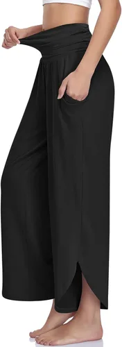 Vista 2 de UEU Pantalones de yoga de pierna ancha para mujer, de cintura alta, cómodos, holgados, casuales, suaves, con bolsillos