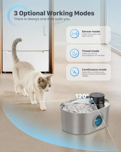 Vista 5 de Fuente de agua inalámbrica para gatos: fuente para mascotas de acero inoxidable operada por pilas, dispensador automático de agua inalámbrico