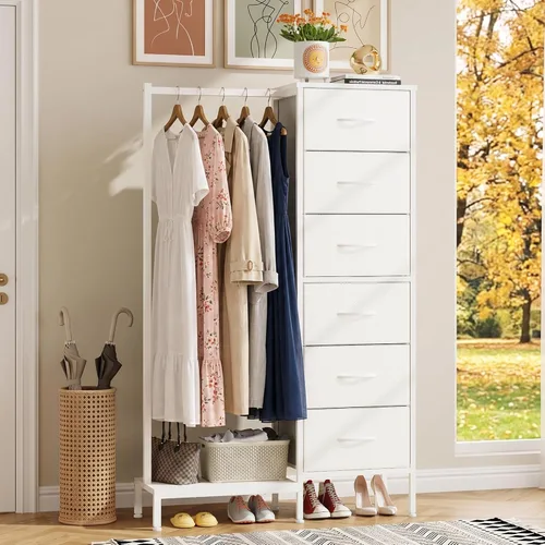 Vista 12 de HIGDBFE Cómoda alta de 44 pulgadas de alto con estante para colgar, cómoda pequeña de 4 cajones para dormitorio, cómoda de tela reversible