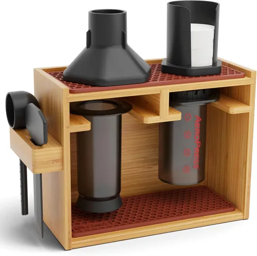 Vista 10 de HEXNUB Soporte organizador compacto AeroPress, organizador de café de bambú para cafetera AeroPress, accesorios, filtros, tazas, incluye