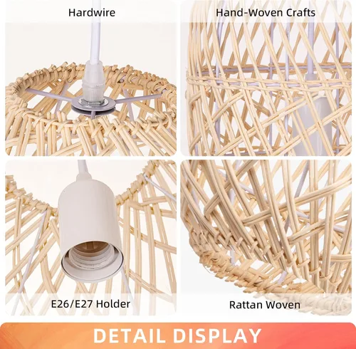 Vista 7 de Arturesthome Lámpara colgante de 1 luz de ratán natural, pantalla de lámpara colgante tejida, lámpara de techo colgante, lámpara colgante hecha a