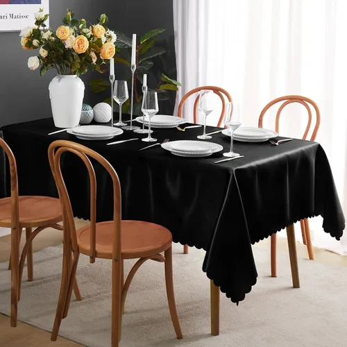 Vista 3 de KKJIAF Paquete de 1 mantel de satén negro de 58 x 102 pulgadas, rectangular, brillante, sedoso y suave, para decoración de banquete de boda, fiesta