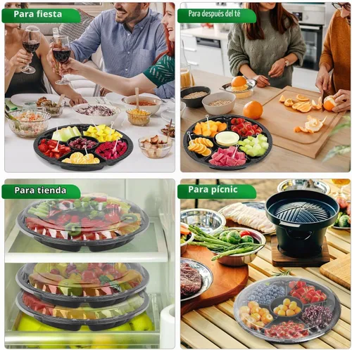Vista 4 de Bandeja de plástico para aperitivos con tapa, resistente, reciclable de 12 pulgadas, bandejas para aperitivos de frutas vegetarianas, recipientes