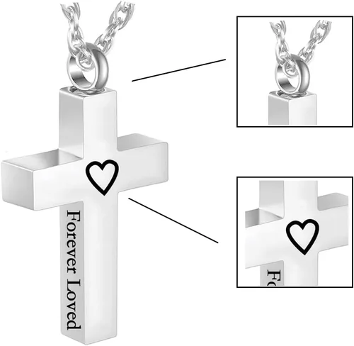 Vista 3 de Collar de cremación de cruz para cenizas, collar de urna de cremación conmemorativa, acero inoxidable, negroplata, joyería para mujeres y hombres