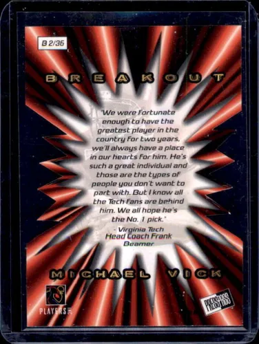 Vista 2 de Football Trading Card NFL 2001 Press Pass Breakout #B2 Michael Vick EX+ Excellent+ Falcons