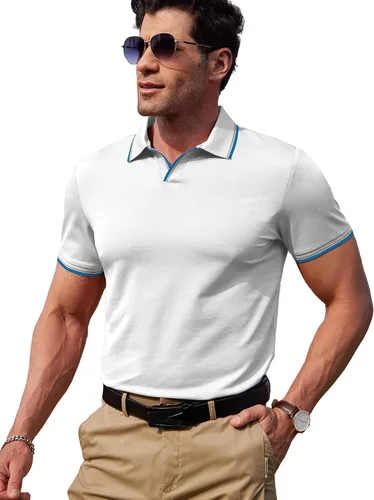Vista 3 de dimidium Camisa polo de algodón de manga corta con cuello en V para hombre, estilo casual, elegante, ajuste regular, camiseta de punto Henley de golf