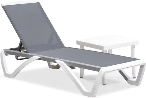 Vista 39 de PURPLE LEAF Juego de 3 tumbonas para patio con brazo y mesa, plástico Caqui