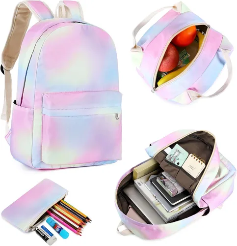 Vista 4 de Pawsky Mochila escolar para niñas, resistente al agua, mochila para laptop con bolsa de almuerzo y estuche para lápices
