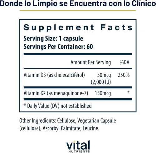 Vista 2 de Vital Nutrients Vitamina D3 + K2 2000 UI Suplemento de Vitamina D3 K2 Complejo de Vitamina D para Niveles Saludables de Calcio, Salud Muscular