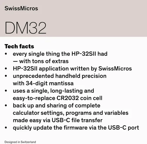 Vista 9 de SwissMicros Calculadora RPN DM32: software HP 32SII, carcasa de acero inoxidable 316L, solucionador de ecuaciones integrado y USB-C