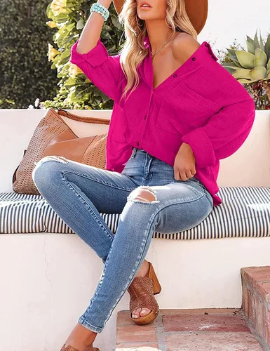 Vista 5 de Esmeling Blusa casual de gran tamaño con botones para mujer, manga larga, cuello de solapa, ajuste holgado
