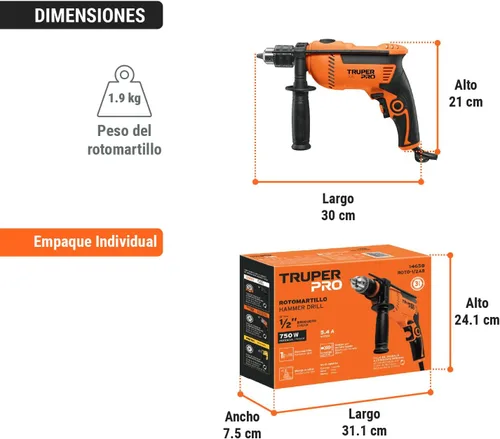 Vista 11 de Truper Taladro de martillo rotatorio profesional de 1/2" 700W, 110V, 5A, naranja
