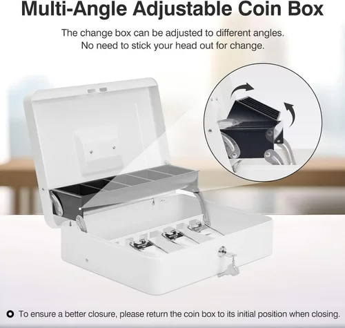 Vista 4 de Caja de dinero grande con cerradura de llave y bandeja de dinero, caja de dinero con bandeja para efectivo, caja fuerte con cerradura para oficina