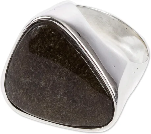 Vista 2 de NOVICA Obsidian Plata de ley 925. Cóctel Anillo "asimétrico Negro