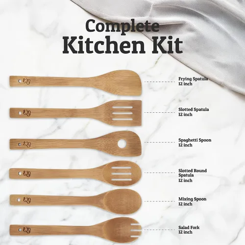 Vista 3 de PriorityChef - Cucharas de madera para cocinar, 6 piezas con soporte para utensilios, utensilios de bambú que no rayan, juego de utensilios