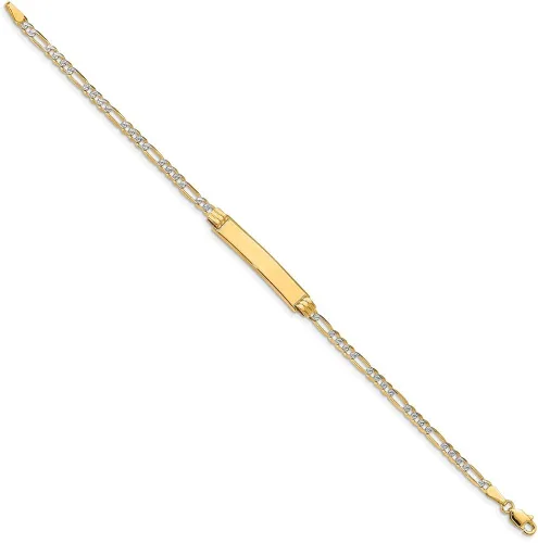 Vista 2 de Pulsera de identificación de fígaro con dos tonos de oro blanco y amarillo sólido de 14 quilates con etiqueta de identificación grabable con cierre
