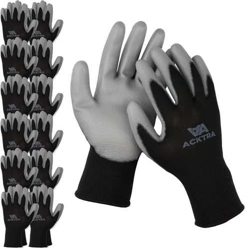 Vista 15 de ACKTRA Guantes de trabajo de seguridad ultrafinos de poliuretano 12 pares, WG002 negro/negro, XS