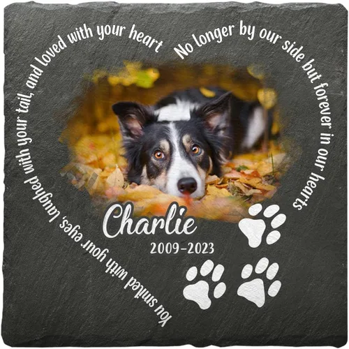 Vista 11 de Sympathy Pet Bereavement Piedra en forma de corazón con huella de perro, placa personalizada para decorar cementerios, recuerda a tus seres queridos