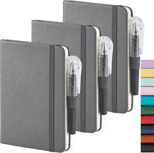 Vista 13 de Paquete de 3 cuadernos rayados con bolígrafo, cuadernos A5 (5.7 x 8.4 pulgadas) de tapa dura de cuero para mujeres y hombres, trabajo, 160 páginas