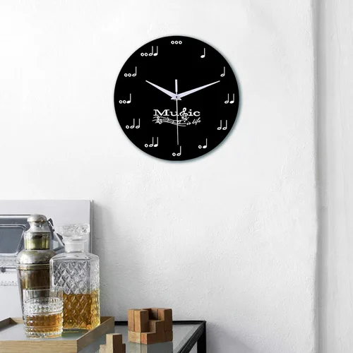 Vista 5 de Reloj de pared creativo con nota musical, reloj silencioso en blanco y negro, decorativo, para niños, adultos, estudiantes, habitación, hogar