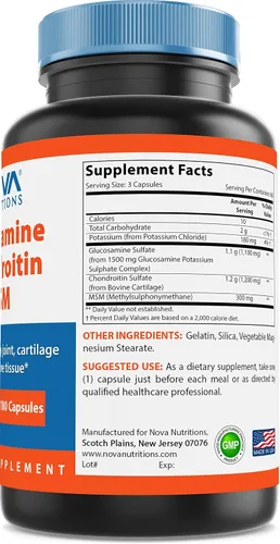 Vista 4 de Nova Nutritions Triple fuerza glucosamina condroitina MSM 2600 mg/cápsulas para servir, apoya articulaciones saludables, cartílago y tejido