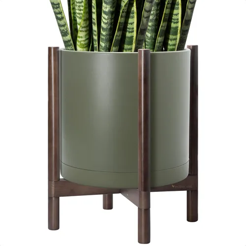 Vista 64 de Maceta de D'vine Dev con soporte - Maceta de flores de cilindro de plástico de 8.0 pulgadas con soporte de madera para interiores, maceta mate negra