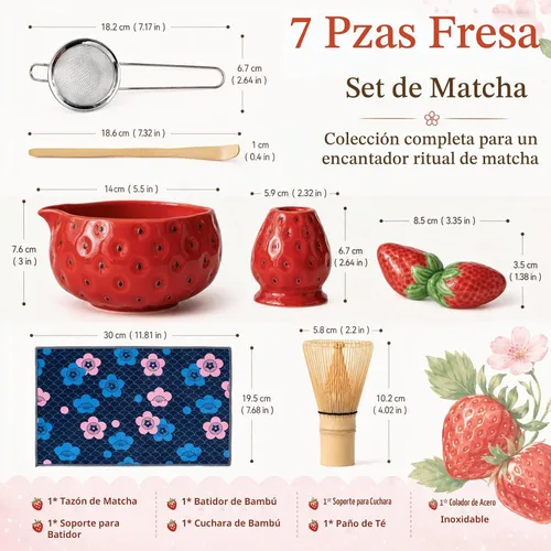 Vista 3 de Juego de batidor de matcha, juego de 7 piezas de matcha de fresa con Pajita Roja