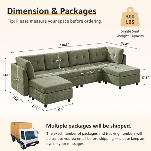 Vista 2 de VANOMi Sofá modular modular para sala de estar, sofás y sofás de felpilla de 4 plazas con 2 otomanas de 118 pulgadas para sala de estar, dormitorio