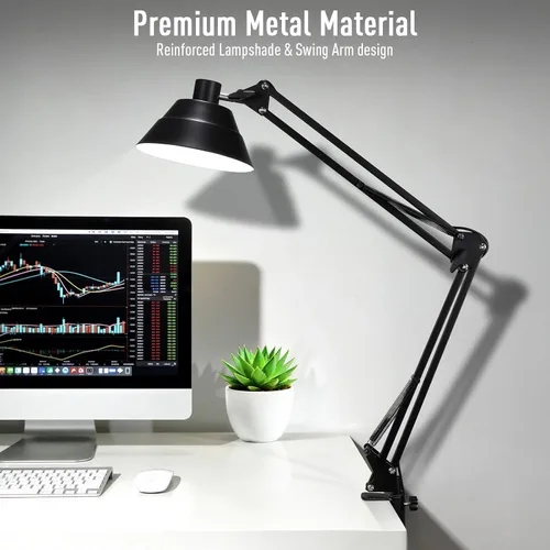Vista 8 de Lámpara de escritorio LED para oficina en casa, lámpara de escritorio con brazo oscilante con abrazadera, lámpara de mesa de cuello de cisne Negro
