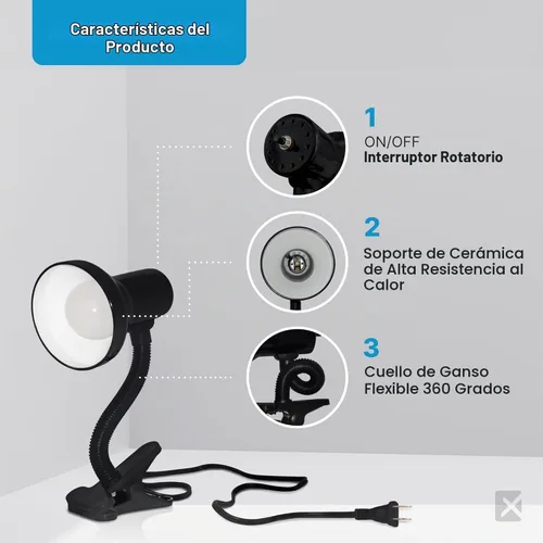 Vista 6 de Xtricity Lámpara LED de escritorio con clip con cuello de cisne flexible de 360°, luz de lectura para cabecera de cama, bombilla A19 de 6 W Base