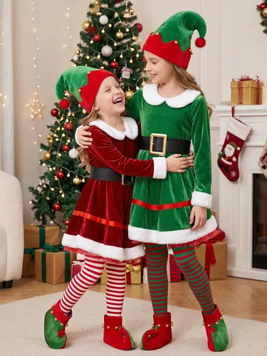 Vista 6 de AOTHSO Conjunto de disfraz de elfo de Navidad para niñas Verde