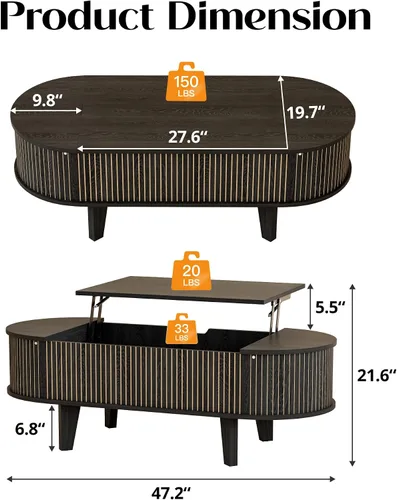 Vista 3 de Mesa auxiliar ovalada con almacenamiento, de madera acanalada de 47 pulgadas, moderna mesa de centro de mediados de siglo para sala de estar