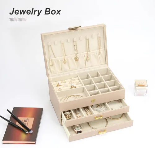 Vista 7 de V-LAFUY Organizador de joyas, organizador de joyas medio y almacenamiento, caja de joyería de 3 niveles con 2 cajones, cajas de joyería