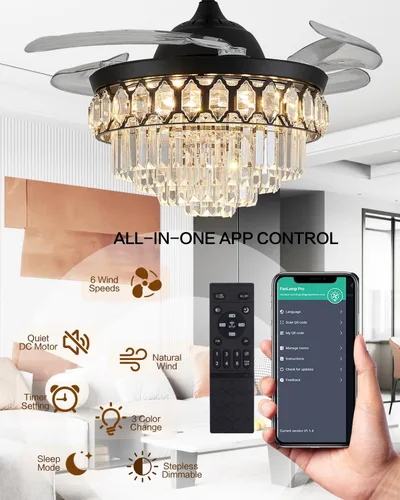 Vista 3 de Ventilador de techo LED de cristal regulable de 42 pulgadas con luces y control remoto, moderno ventilador de iluminación de techo retráctil